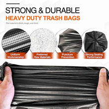 Black heavy-duty trash bags, shown stacked and stretched between two hands