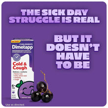 Children's Dimetapp Cold & Cough liquid box side, sick day struggle, 6+ yrs