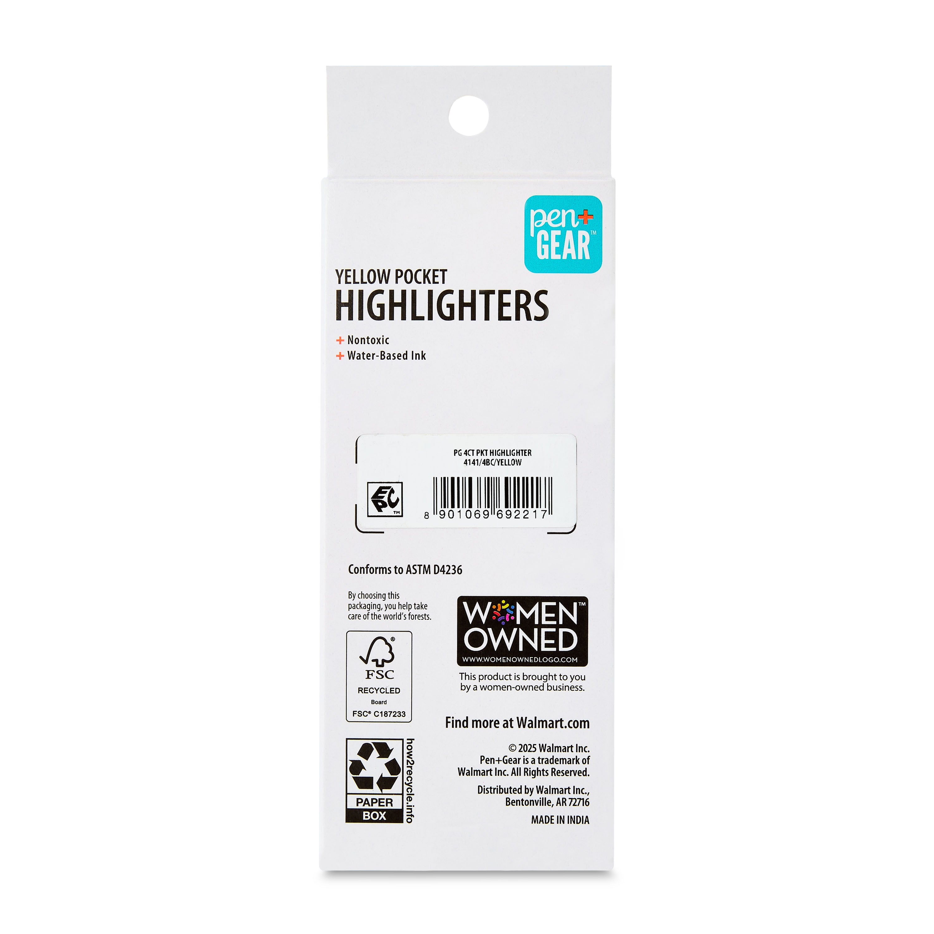 Pen+Gear Pocket Highlighters, Chisel Tip, Yellow, 4 Count