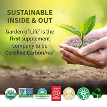 Sustainability graphic with hands planting a small plant and Garden of Life certification icons