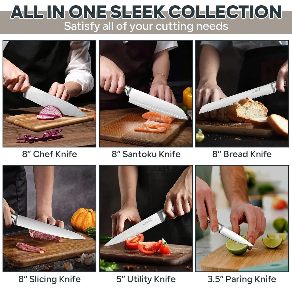 Vesteel Knife Set for Kitchen with Block, 15 Pcs High Carbon Stainless Steel Kitchen Knife Set with Self Sharpening - USA MEGA SHOP