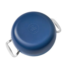 Denim blue stock pot with stainless-steel side handles and domed lid