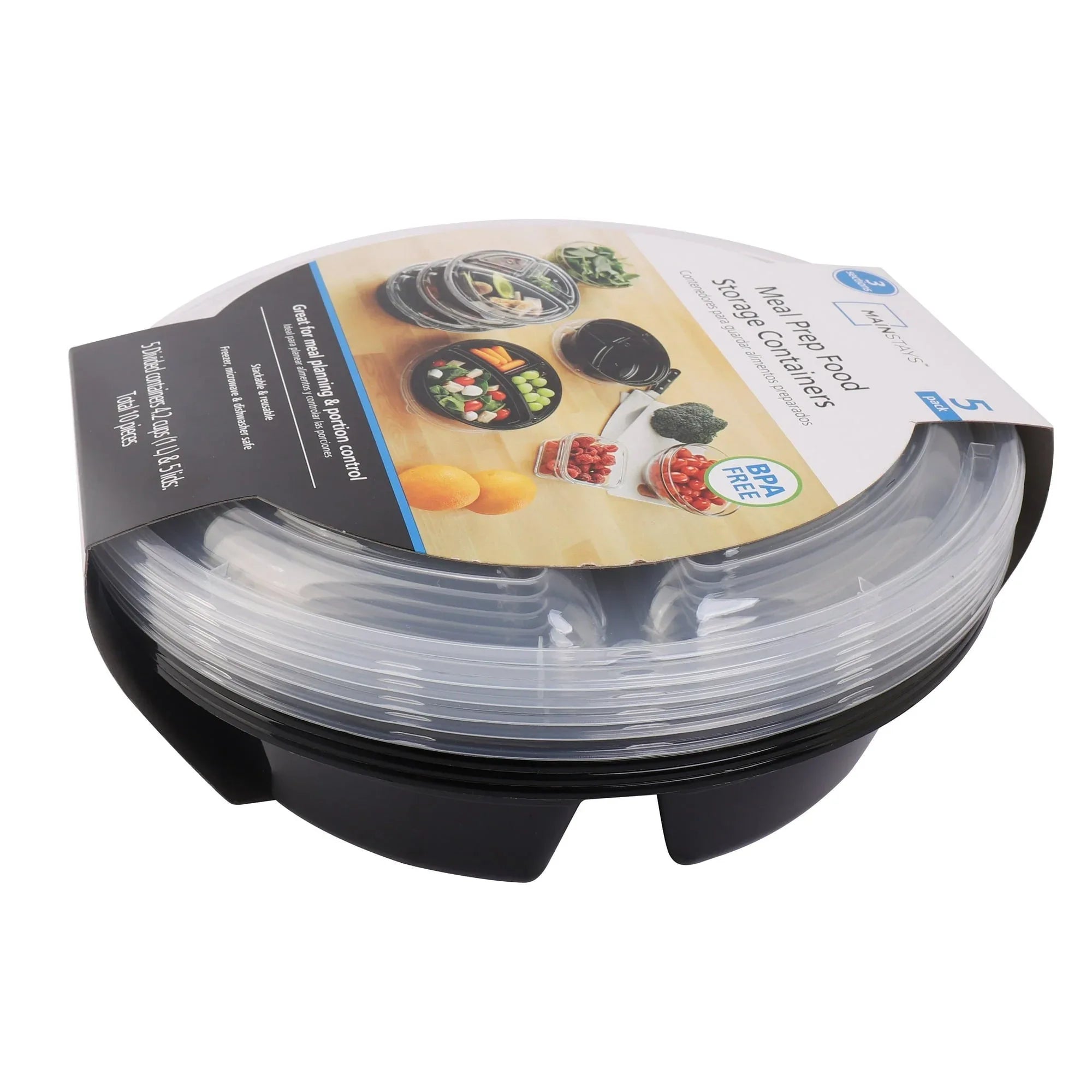 Mainstays 3-Compartment 1L Round Meal Prep Food Storage Container, 5 Pack - USA MEGA SHOP