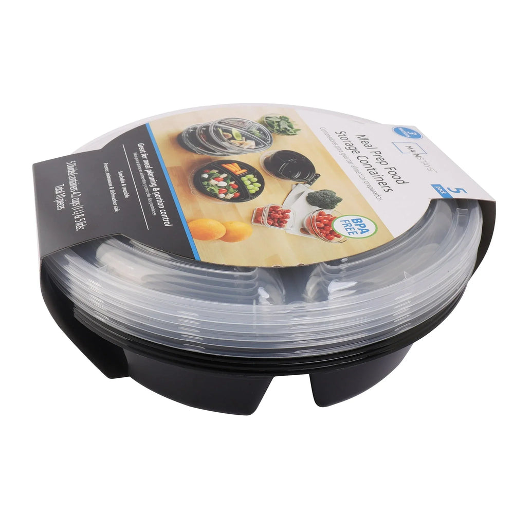 Mainstays 3-Compartment 1L Round Meal Prep Food Storage Container, 5 Pack - USA MEGA SHOP
