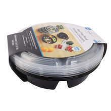 Retail pack showing stacked round 3-compartment 1L containers with clear lids, dark plastic