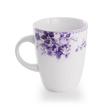 Porcelain mug with white body and purple floral rose pattern around the cup