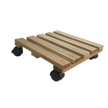 Slatted wooden plant caddy on four black caster wheels.
