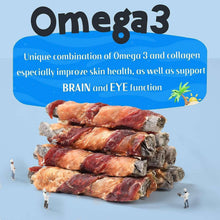 Cod skin dog chew sticks wrapped with chicken and duck, stacked pile.