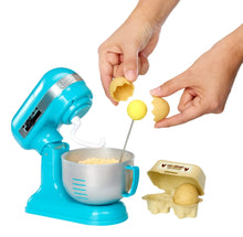 Blue stand mixer with metal mixing bowl; hands shaping pretend dough balls