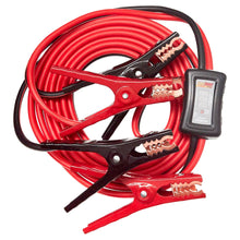 Red 6-gauge booster cables with connected clamps and smart protector display