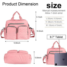 Pink diaper bag tote with adjustable straps and front zip pockets, side handles