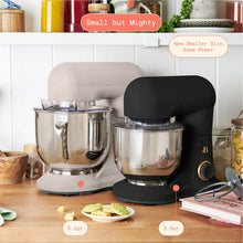 Black 3.5-quart stand mixer with stainless steel bowl beside a larger mixer