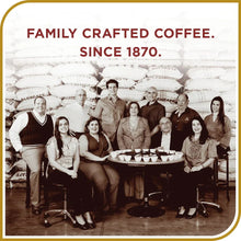 Coffee brand banner showing family photo and “Since 1870” crafted coffee text.