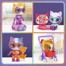 SuperKitties cat figures with purple walker cart, pink tablet, and beach toy accessories