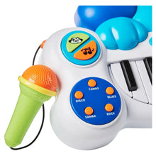Blue and white bear musical keyboard toy with microphone and piano keys
