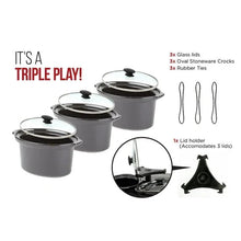 Triple slow cooker set with three oval stoneware crocks and glass lids