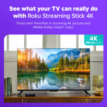 TV displaying a mountain lake scene with 4K Dolby Vision badge