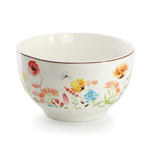 White ceramic bowl with multicolor wildflower illustration and thin dark rim