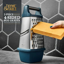 Stainless steel 4-sided box grater with teal handle and detachable container, grating cheese