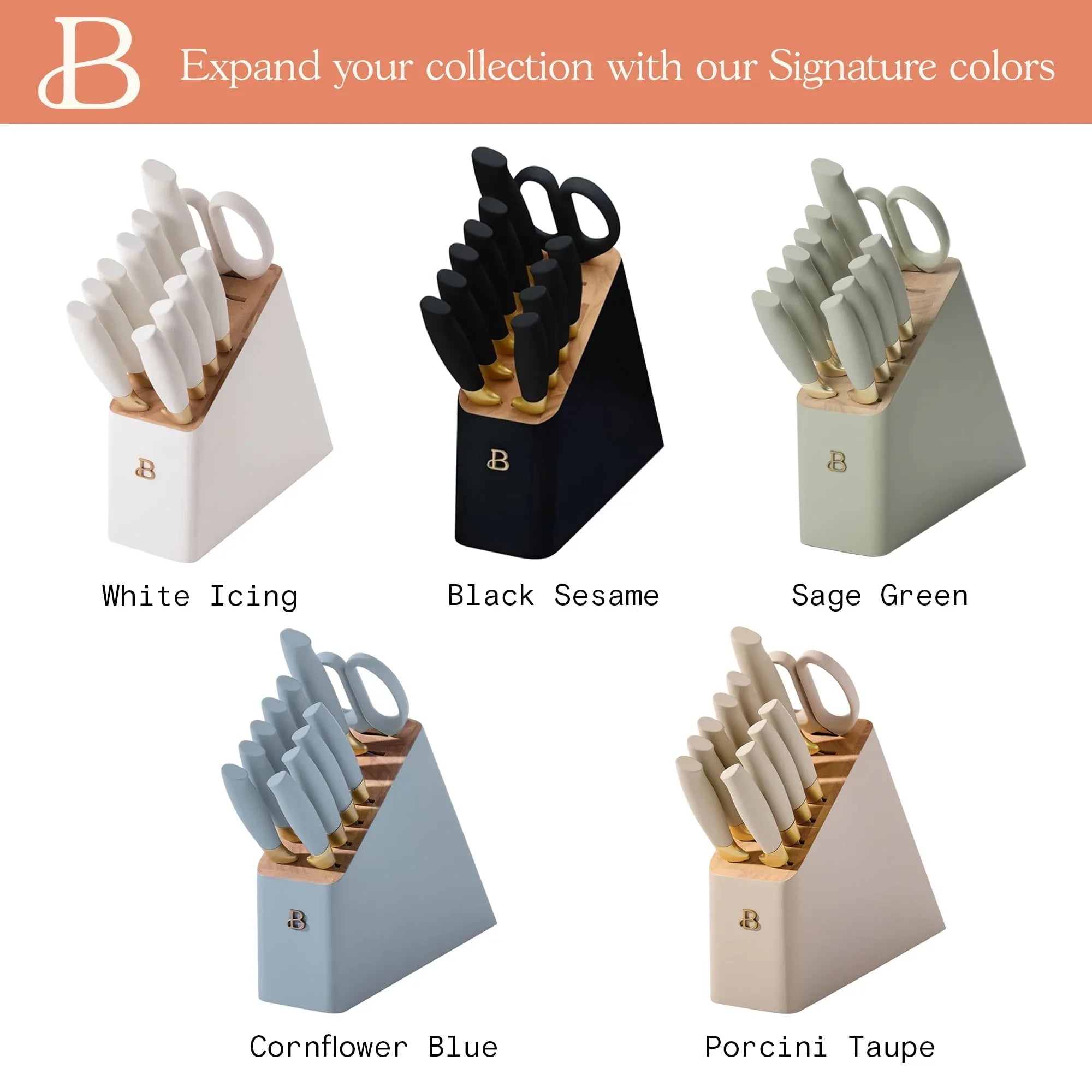 Beautiful 12 Piece Stainless Steel Knife Block Set, Soft-Grip Handles White Icing by Drew Barrymore