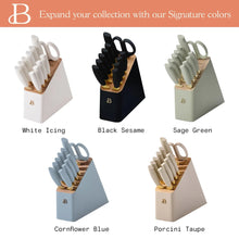 Knife block set color lineup with multiple blocks and white, black, sage, blue, and taupe handles