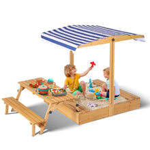 Kids wooden sandbox with built-in picnic table and striped canopy lid