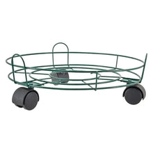 Green metal plant caddy with circular wire top and four caster wheels