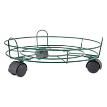 Green wire plant caddy base with four rolling caster wheels and circular frame