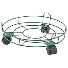 Green wire plant caddy with circular tray, caster wheels, and lifting handle