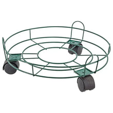 Green wire plant caddy with rolling casters and raised rim for pot support