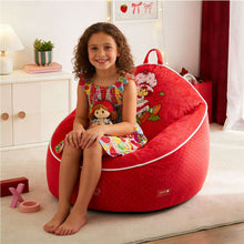 Red kids bean bag chair with carry handle, rounded seat, and cartoon back panel