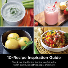 Blender recipe inspiration collage with smoothies, dip, fruit, and vegetable mix