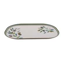 Oval bamboo melamine tray with olive-green border and scattered leaf print