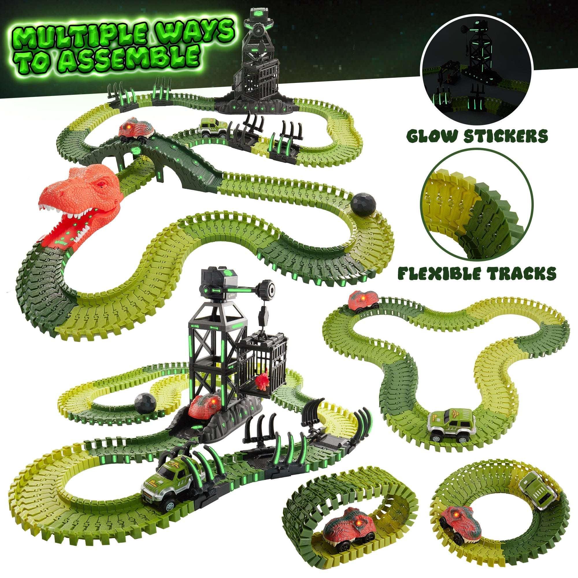 USA Toyz Dinosaur Dash Track 6 Dinosaurs LED Dino Car STEM Set Toy 225 Piece Tracks for Kids Ages 3+