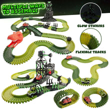 Dinosaur track set with multiple green track layouts, dinosaur cars, and small glow stickers