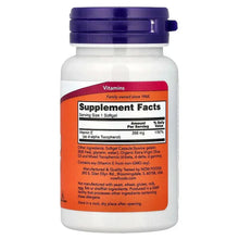 Vitamin E softgels bottle back label with Supplement Facts, 268 mg (400 IU) per serving