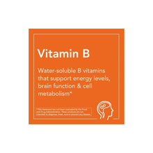 Vitamin B informational card with energy, brain function, and cell metabolism statement