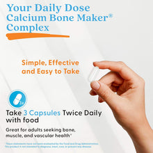 Hand holding a small white capsule with 'Your Daily Dose' text for calcium formula