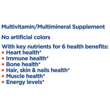 Multivitamin/mineral supplement label text: no artificial colors and health benefits