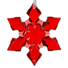 Red mini snowflake ornament with hanging loop, reflective faceted design
