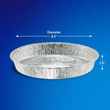 Silver round foil cake pan with diameter 8.5 in and height 1.5 in