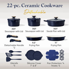 Blue ceramic cookware set items: saucepans and frying pans with lids and detachable handles.