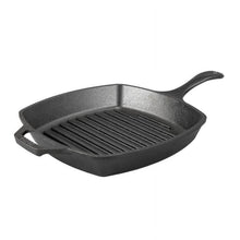 Square cast iron skillet with grill ridges and short handle, dark pre-seasoned finish.
