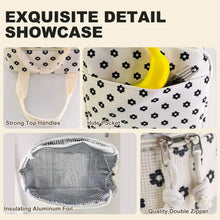 Black flower print lunch bag detail, double zipper and insulated aluminum foil lining