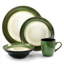 Stoneware dinnerware set with jade green grid dinner plates, black bowl, and mug