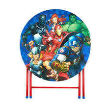 Round table with Marvel Avengers character print on tabletop and red frame