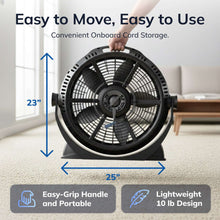 Black floor fan with easy-grip handle and compact circular grille housing