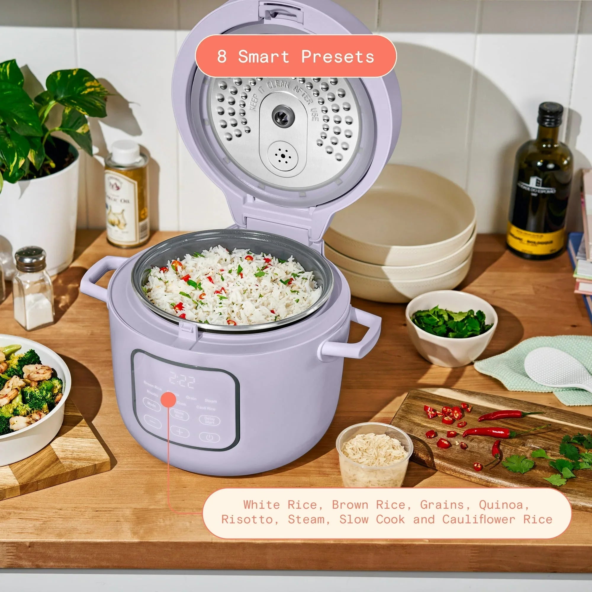 Beautiful 14-Cup Cooked, 6-Cups Uncooked Electric Rice and Grain Cooker, EverGoodâ„¢ Ceramic Nonstick Coating, Lavender by Drew Barrymore - USA MEGA SHOP