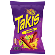 Takis Fuego 9.9 oz tortilla chips bag with lime and hot chili pepper graphics