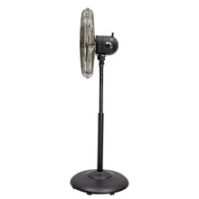 Black vintage stand fan with side control housing and round base
